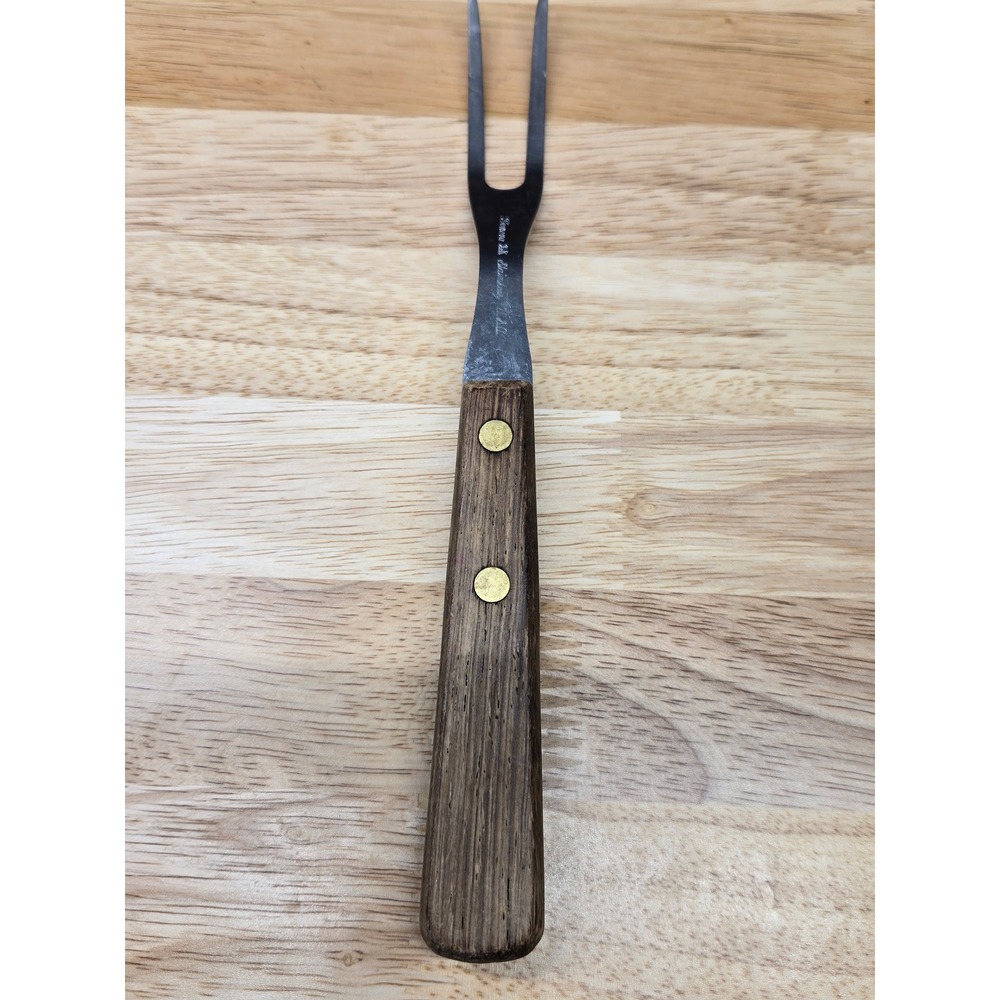 Vintage Geneva Forge Stainless Steel Meat Carving Fork Wood Handle Brass Rivets
